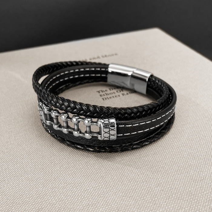 Bratara piele neagra cu lant moto din inox – Simbol al libertatii si energiei masculine [12]