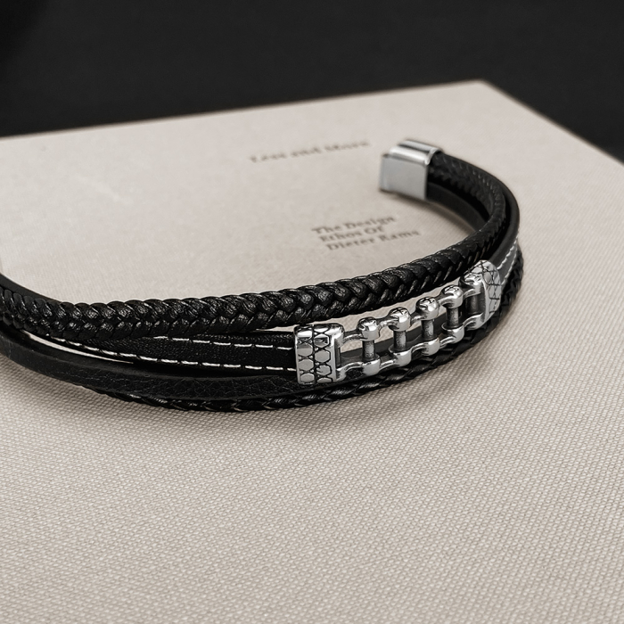 Bratara piele neagra cu lant moto din inox – Simbol al libertatii si energiei masculine [5]