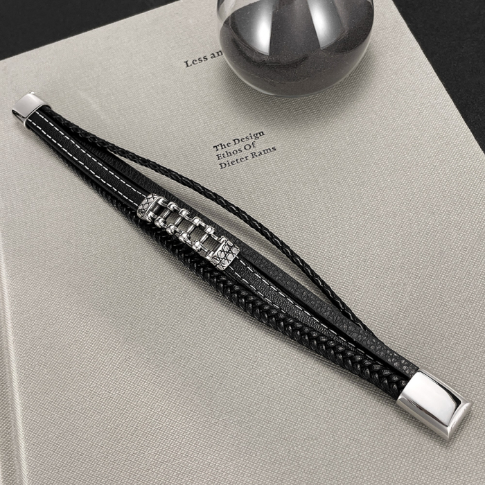 Bratara piele neagra cu lant moto din inox – Simbol al libertatii si energiei masculine [6]