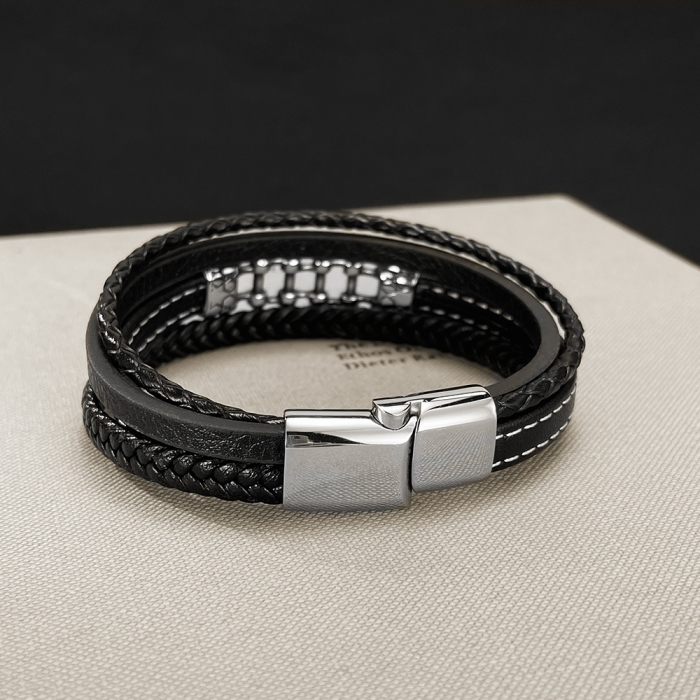 Bratara piele neagra cu lant moto din inox – Simbol al libertatii si energiei masculine [8]