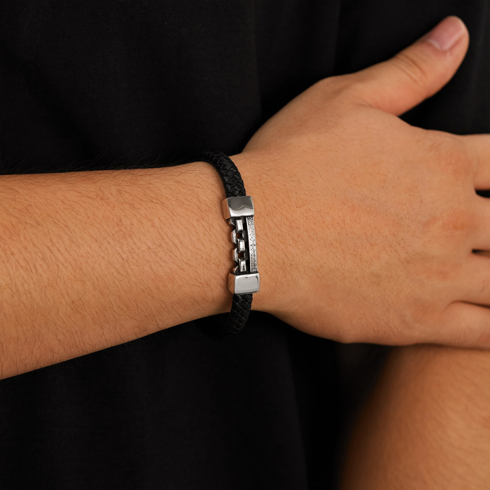 Brățară piele neagră cu lanț și model grecesc din inox – Simbol al puterii și echilibrului [4]