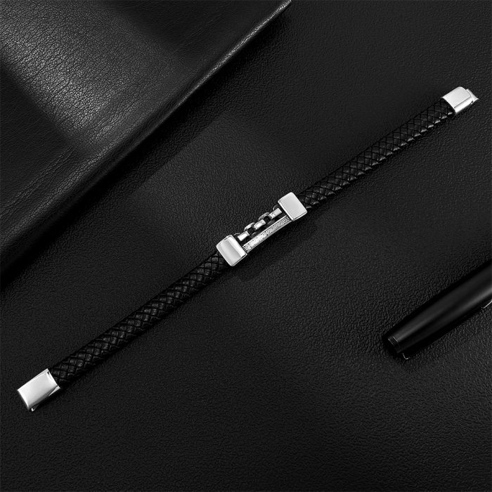 Brățară piele neagră cu lanț și model grecesc din inox – Simbol al puterii și echilibrului [6]