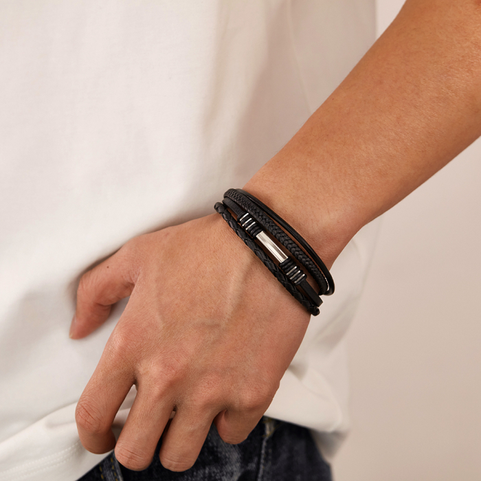 Bratara piele neagra cu multiple fire impletite si detalii inox – Stil urban elegant [2]