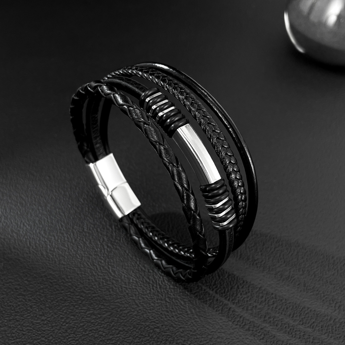 Bratara piele neagra cu multiple fire impletite si detalii inox – Stil urban elegant [10]