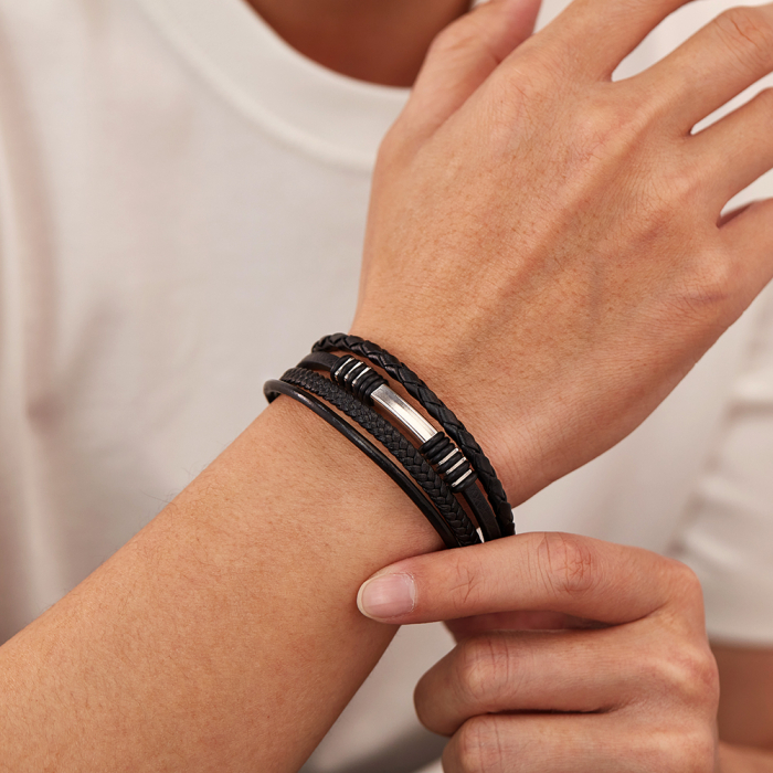Bratara piele neagra cu multiple fire impletite si detalii inox – Stil urban elegant [9]