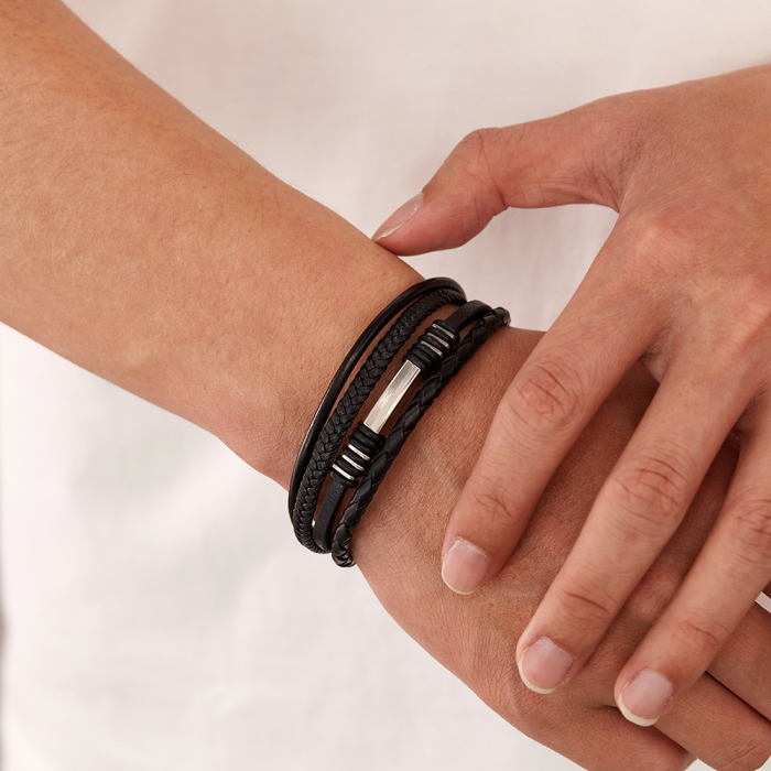 Bratara piele neagra cu multiple fire impletite si detalii inox – Stil urban elegant [6]