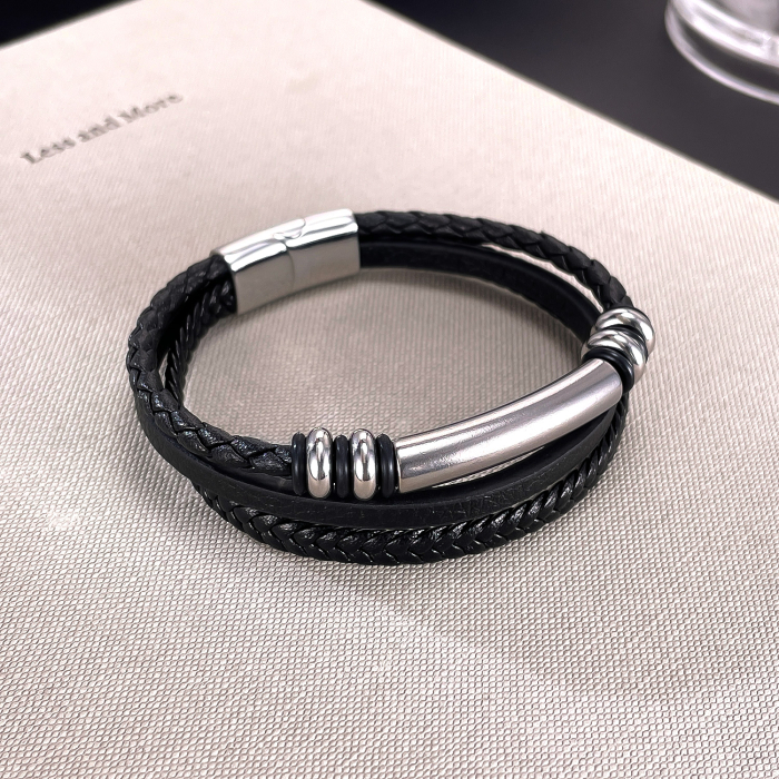 Bratara piele neagra cu placuta inox si detalii metalice – Design rafinat masculin [8]