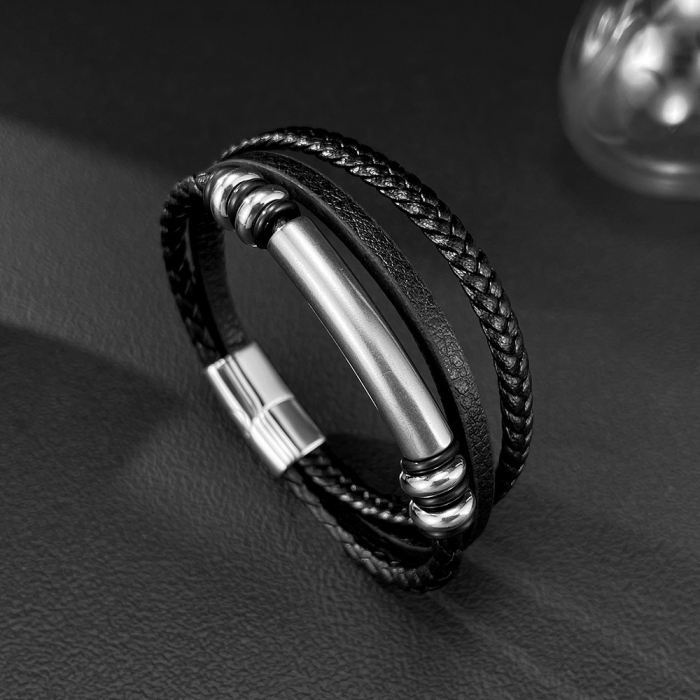 Bratara piele neagra cu placuta inox si detalii metalice – Design rafinat masculin [12]