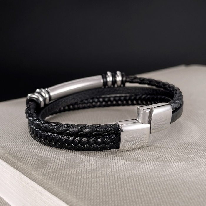 Bratara piele neagra cu placuta inox si detalii metalice – Design rafinat masculin [5]