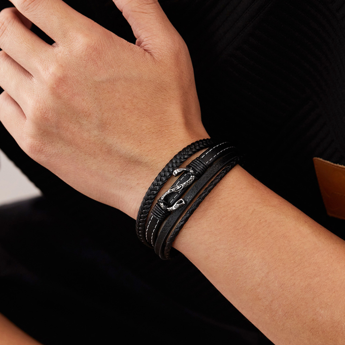 Bratara piele neagra cu sarpe din inox – Simbol al puterii si renasterii [2]