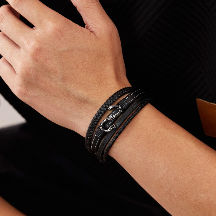 Bratara piele neagra cu sarpe din inox – Simbol al puterii si renasterii [12]