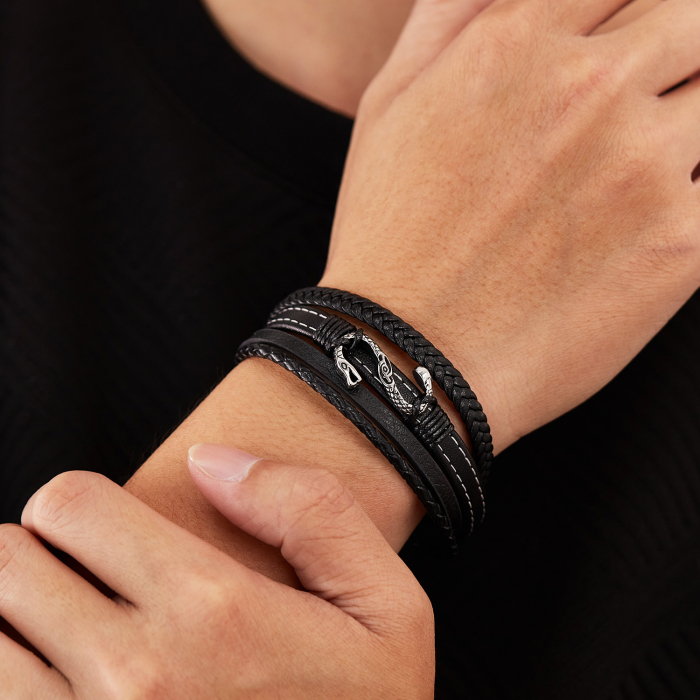 Bratara piele neagra cu sarpe din inox – Simbol al puterii si renasterii [3]