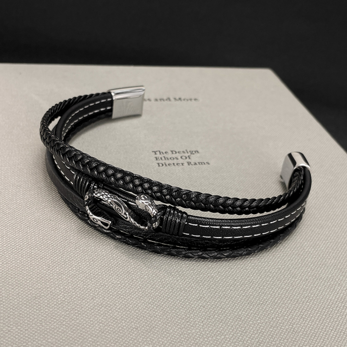 Bratara piele neagra cu sarpe din inox – Simbol al puterii si renasterii [5]