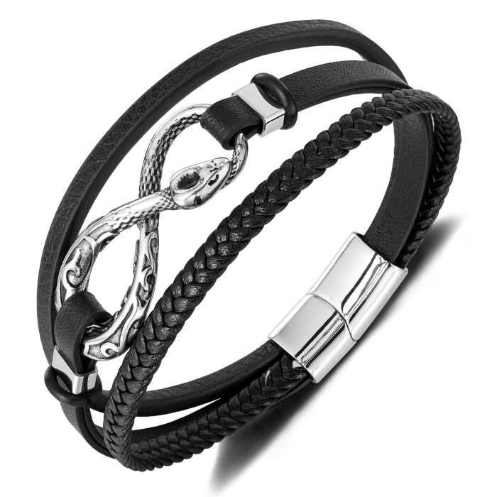 Brățară piele neagră cu simbol infinit și șarpe din inox – Putere, mister și echilibru etern [1]