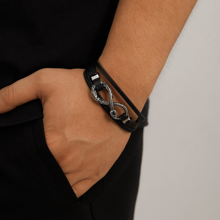 Brățară piele neagră cu simbol infinit și șarpe din inox – Putere, mister și echilibru etern [2]