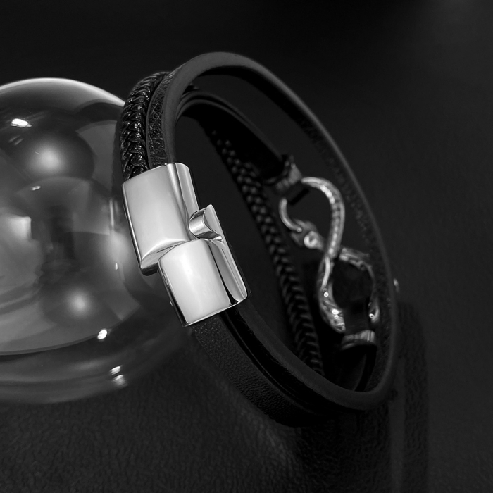 Brățară piele neagră cu simbol infinit și șarpe din inox – Putere, mister și echilibru etern [14]