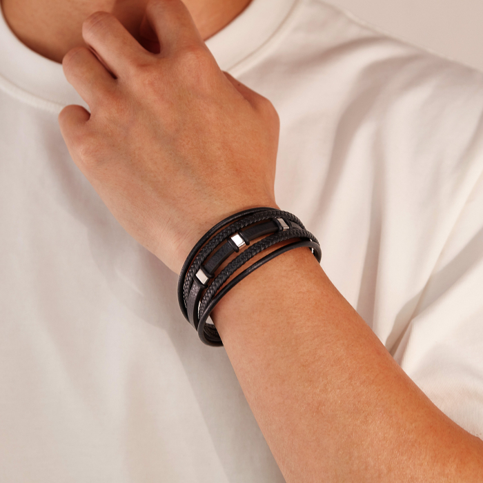 Brățară piele neagră împletită cu multiple fire și detalii din inox [7]