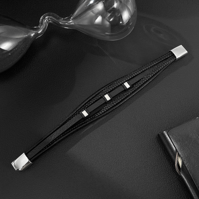 Brățară piele neagră împletită cu multiple fire și detalii din inox [10]