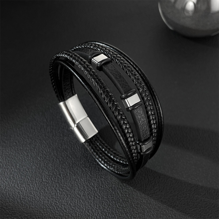 Brățară piele neagră împletită cu multiple fire și detalii din inox [6]