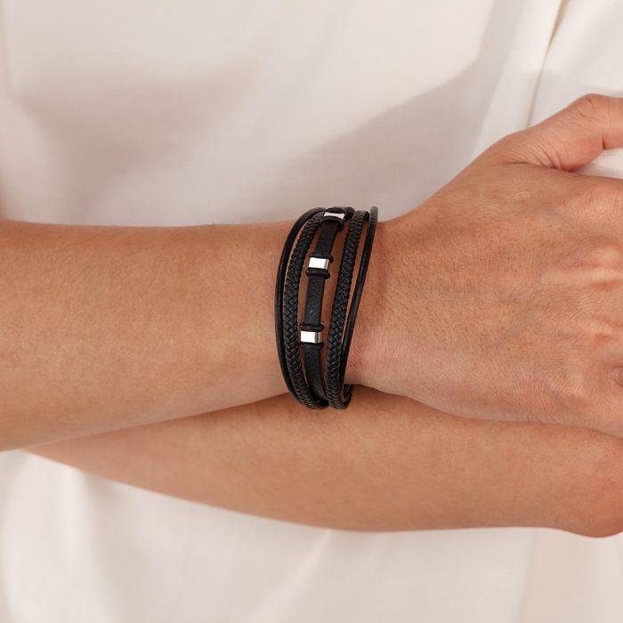 Brățară piele neagră împletită cu multiple fire și detalii din inox [13]