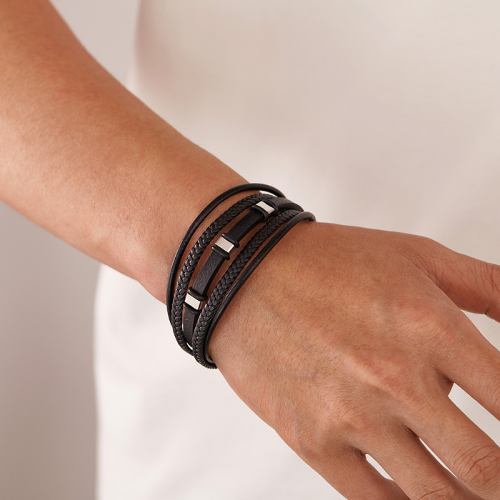 Brățară piele neagră împletită cu multiple fire și detalii din inox [4]
