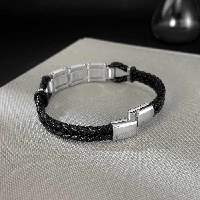 Brățară piele neagră împletită cu segmente metalice din inox – Echilibru între forță și rafinament [5]