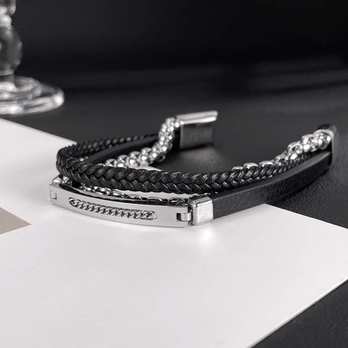 Bratara piele neagra si inox cu lant decorativ – Eleganta masculina moderna [4]