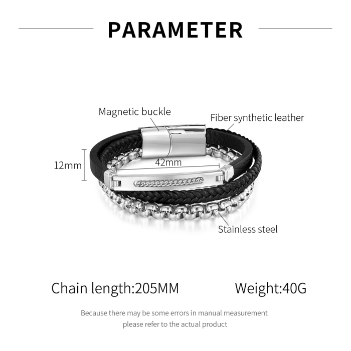 Bratara piele neagra si inox negru cu lant decorativ – Putere si rafinament masculin [7]