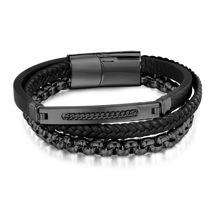 Bratara piele neagra si inox negru cu lant decorativ – Putere si rafinament masculin [1]