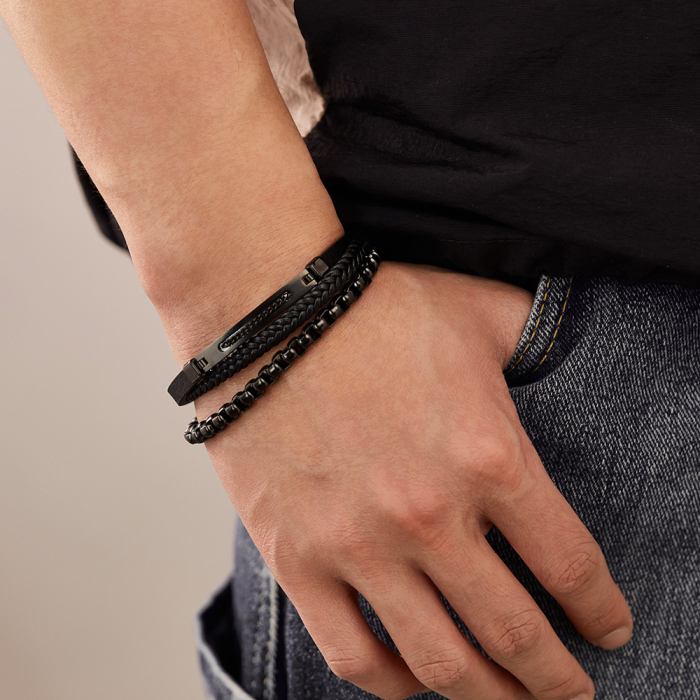 Bratara piele neagra si inox negru cu lant decorativ – Putere si rafinament masculin [5]