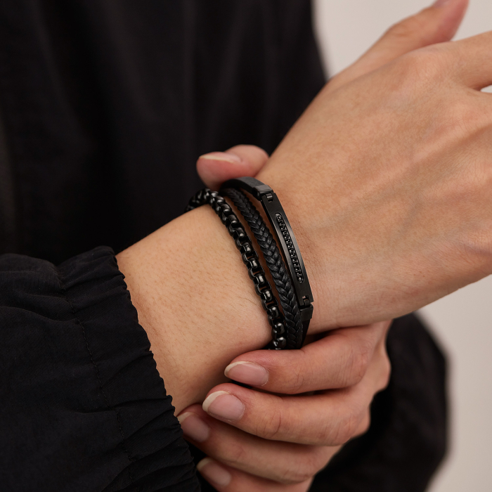 Bratara piele neagra si inox negru cu lant decorativ – Putere si rafinament masculin [2]