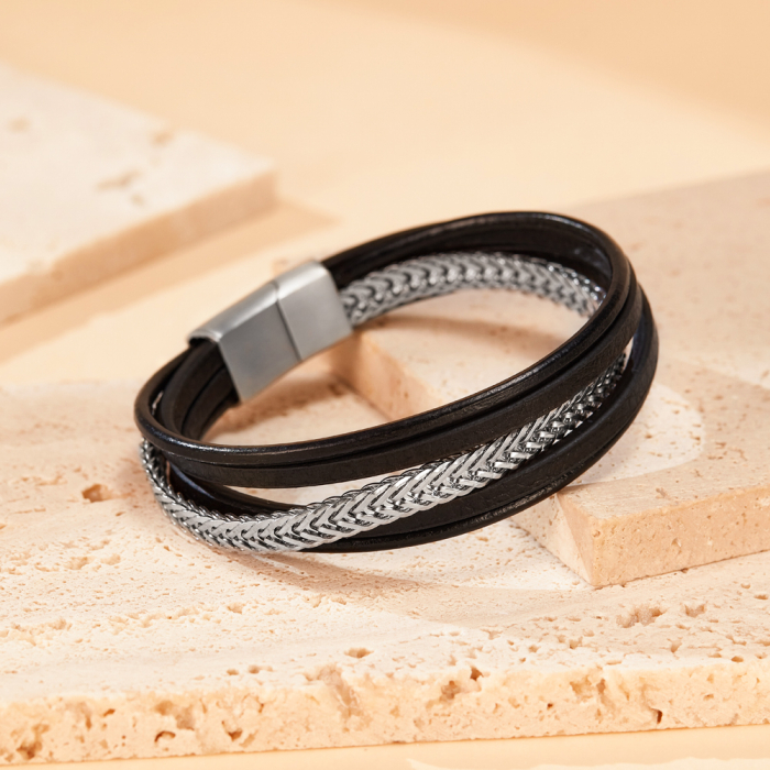 Bratara Trend inox si piele impletita [3]