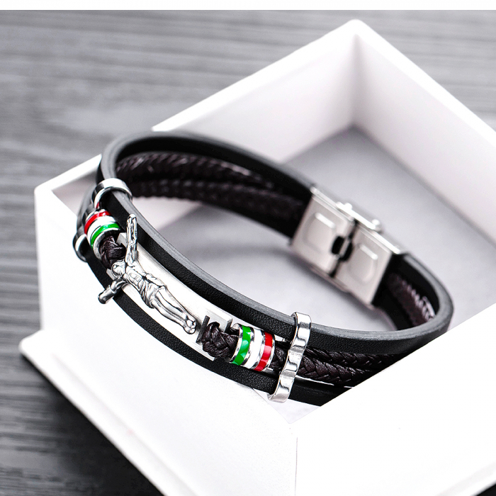 Bratara tripla din piele si inox Rastignirea lui Isus Hristos, cu drapelul Italiei [9]