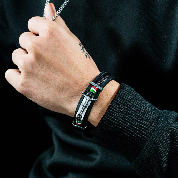 Bratara tripla din piele si inox Rastignirea lui Isus Hristos, cu drapelul Italiei [4]