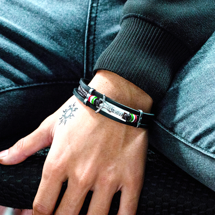 Bratara tripla din piele si inox Rastignirea lui Isus Hristos, cu drapelul Italiei [2]