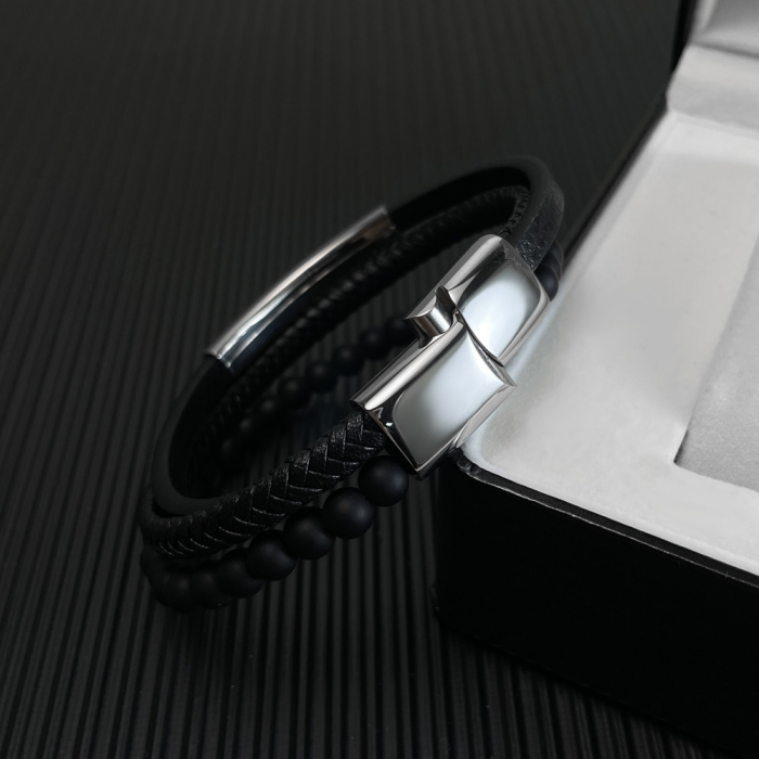 Bratara tripla inox, piele si bazalt cu placuta argintie [4]