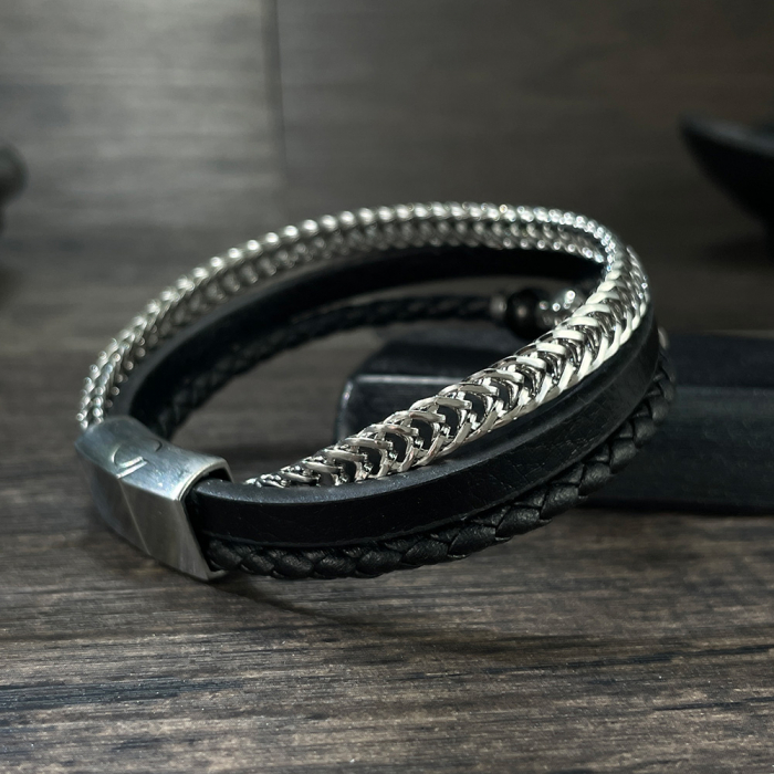 Bratara tripla inox, piele si craniu [3]