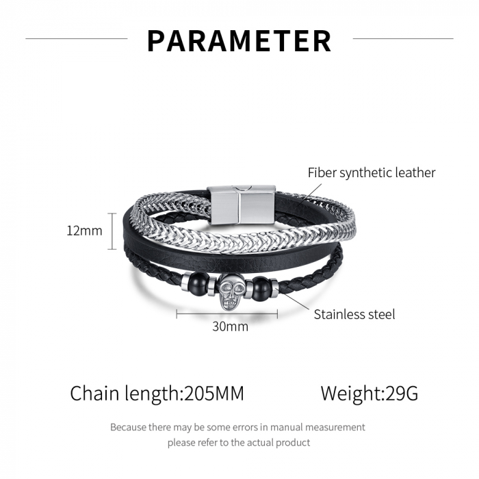 Bratara tripla inox, piele si craniu [10]