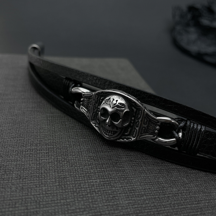 Bratara tripla inox, piele si craniu [5]