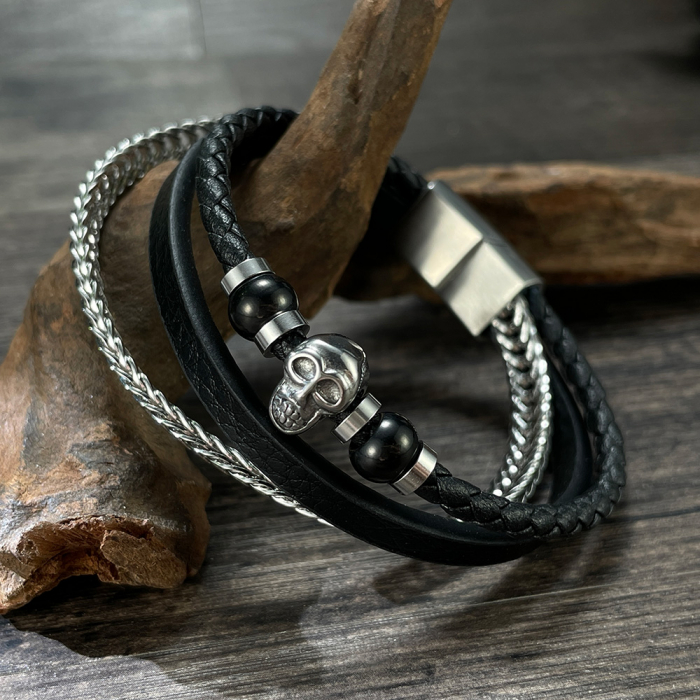 Bratara tripla inox, piele si craniu [6]