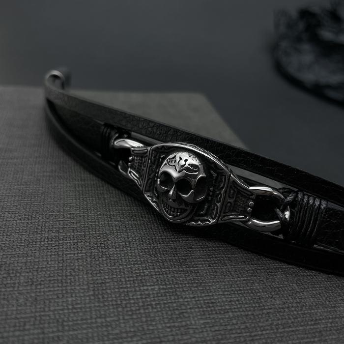 Bratara tripla inox, piele si craniu [11]