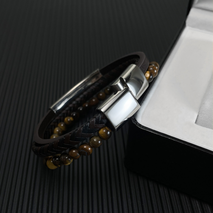 Bratara tripla inox, piele si ochi de tigru cu placuta argintie [7]