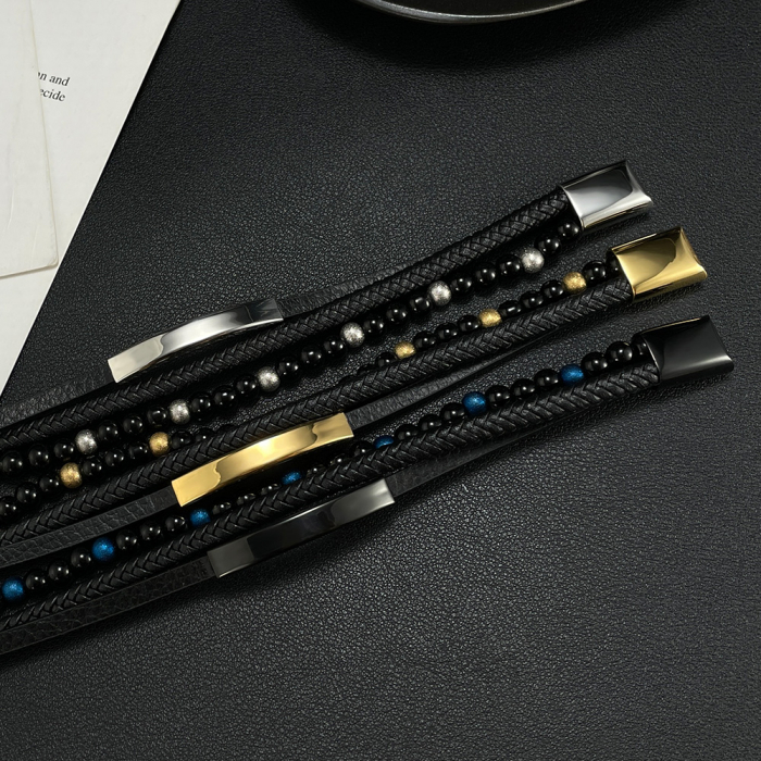 Bratara tripla inox, piele si onix [5]
