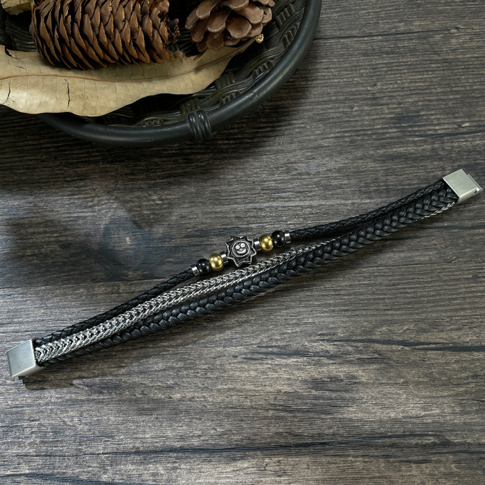 Bratara tripla inox, piele si soare vesel [3]