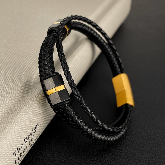 Bratara tripla inox si piele impletita [4]