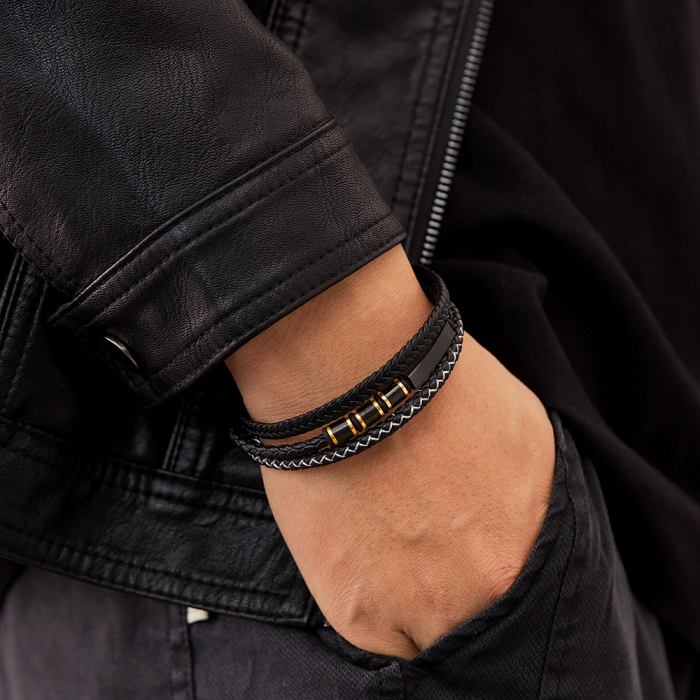 Bratara tripla inox si piele impletita [2]