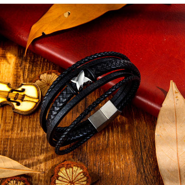 Bratara X Factor din inox si piele neagra [10]