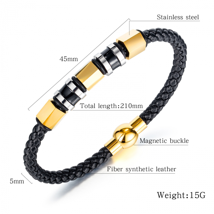 Bratara Young din inox si piele neagra [6]