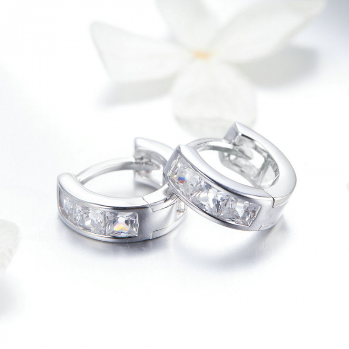 Cercei argint hoop eleganti cu zirconii patrate placati cu rodiu [3]