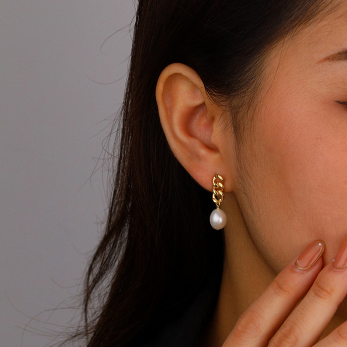 Cercei lungi din lant de inox si perla naturala [3]